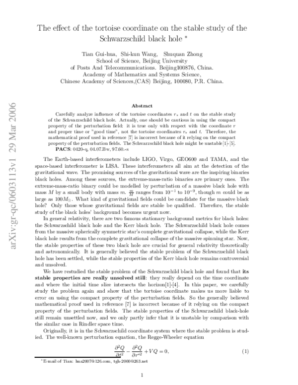 (PDF) The effect of the tortoise coordinate on the stable study of the ...