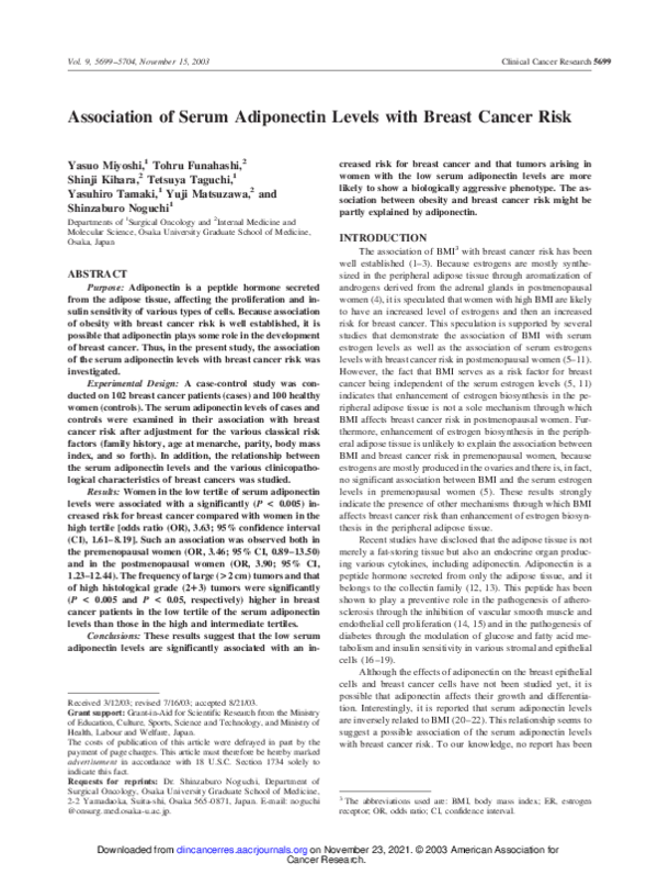 (PDF) Association of serum adiponectin levels with breast cancer risk