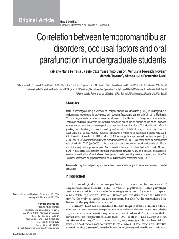 (PDF) Correlation between temporomandibular disorders, occlusal factors ...