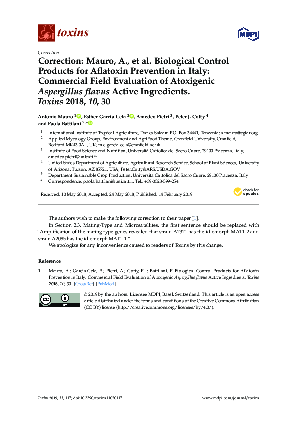 Correction: Mauro, A., et al. Biological Control Products for Aflatoxin Prevention in Italy: Commercial Field Evaluation of Atoxigenic Aspergillus flavus Active Ingredients. Toxins 2018, 10, 30