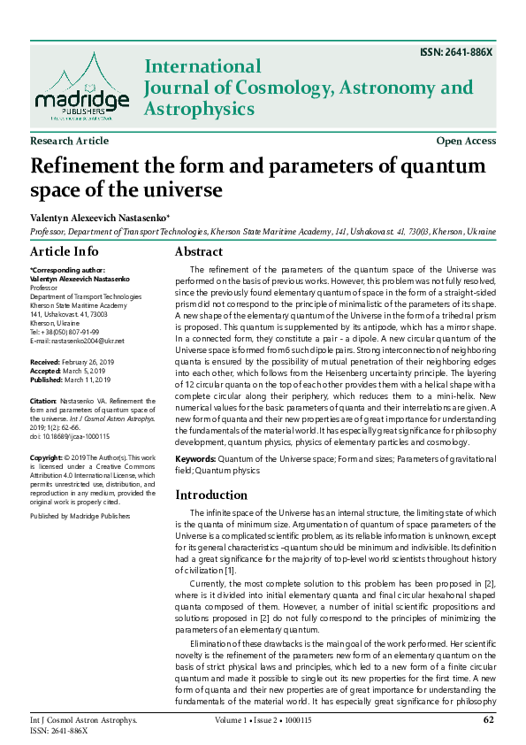 (PDF) Refinement the form and parameters of quantum space of the universe