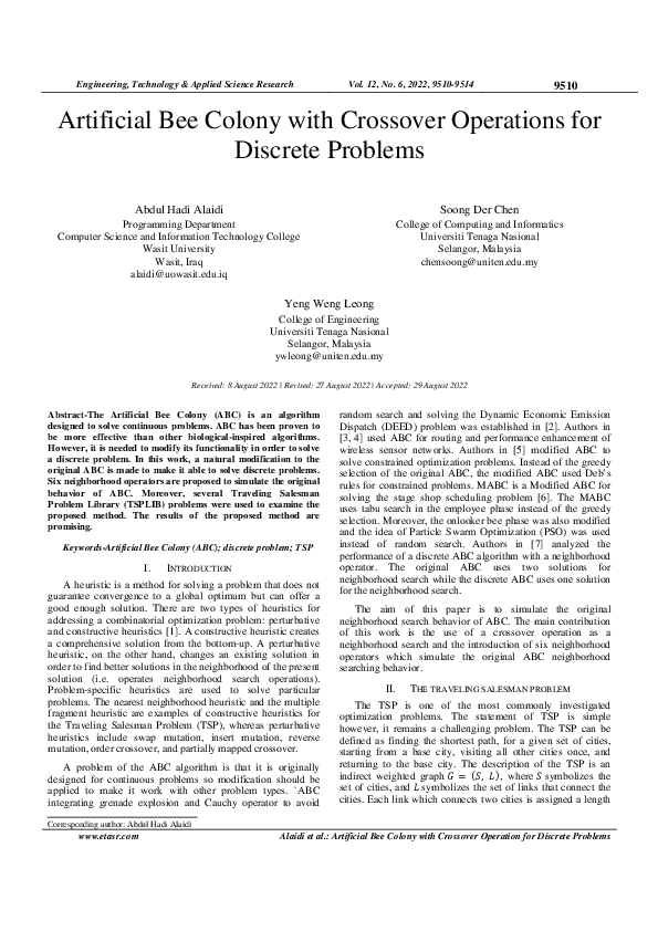 (PDF) Artificial Bee Colony with Crossover Operations for Discrete Problems