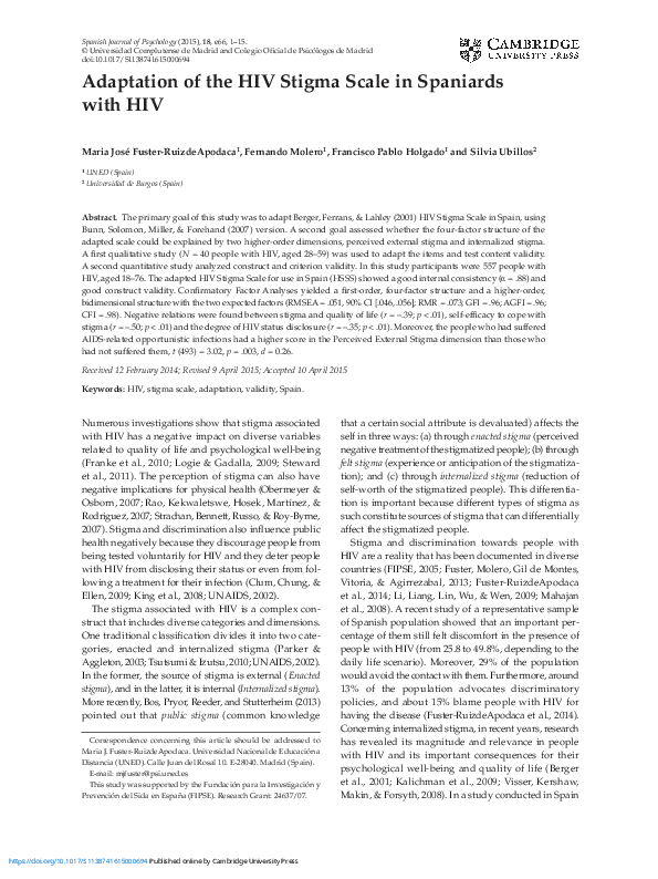 (PDF) Adaptation of the HIV Stigma Scale in Spaniards with HIV