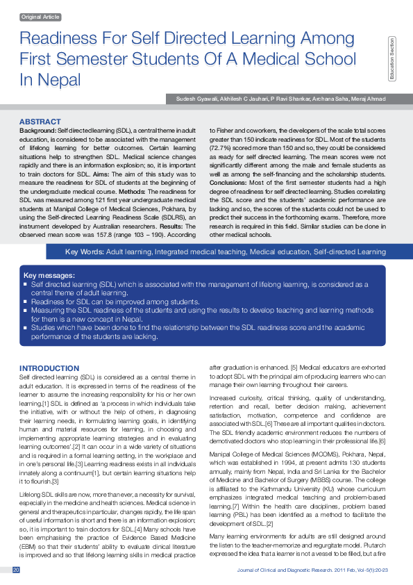 (PDF) Readiness For Self Directed Learning Among First Semester ...