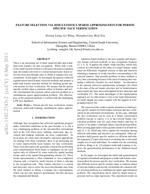 (PDF) Feature selection via simultaneous sparse approximation for ...