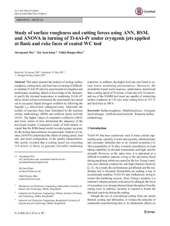 (PDF) Study of surface roughness and cutting forces using ANN, RSM, and ...