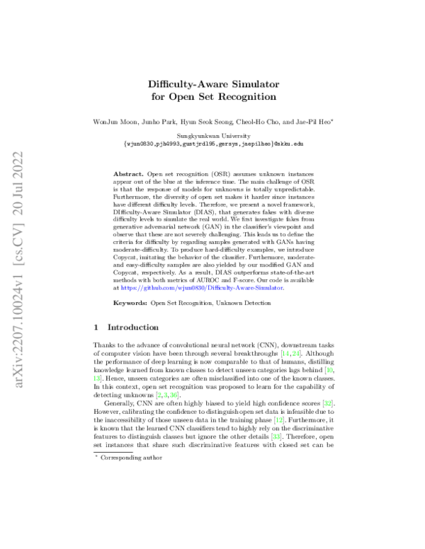(PDF) Difficulty-Aware Simulator for Open Set Recognition