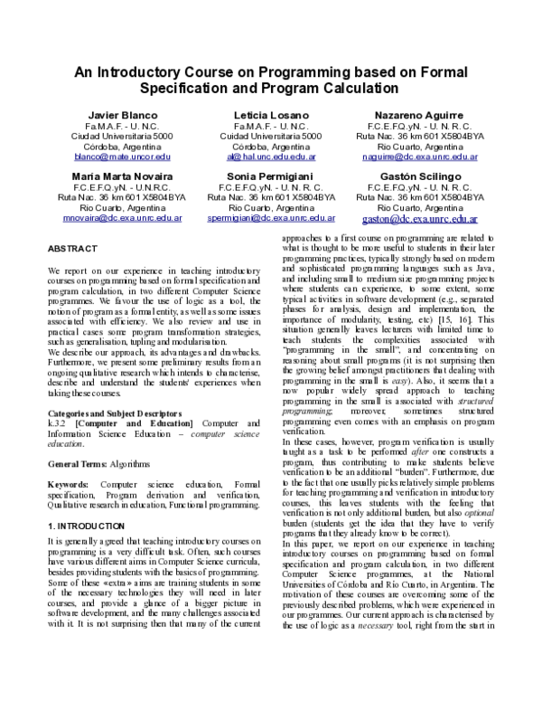 (PDF) An introductory course on programming based on formal ...