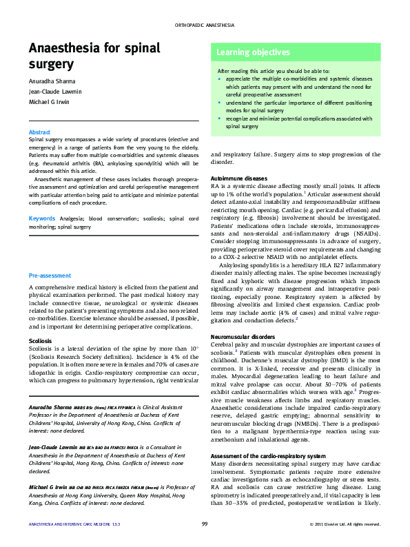 (PDF) Anaesthesia for spinal surgery