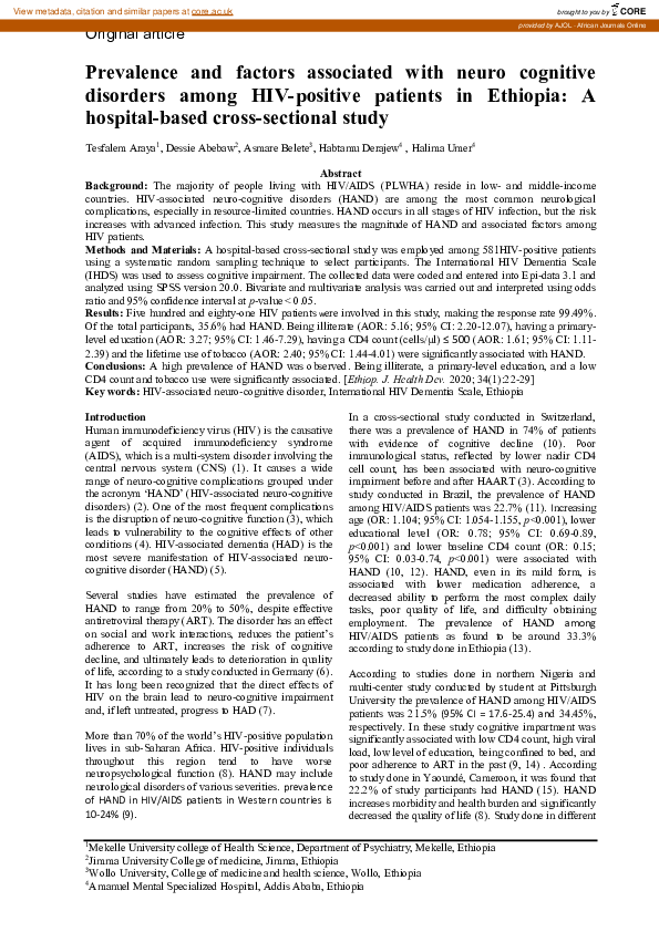 (PDF) Prevalence and factors associated with neuro cognitive disorders ...