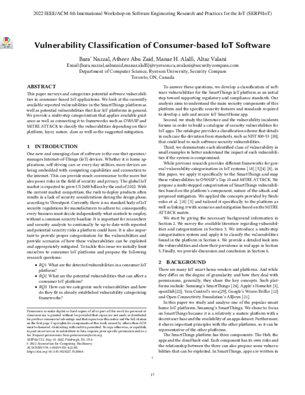 (PDF) Vulnerability classification of consumer-based IoT software