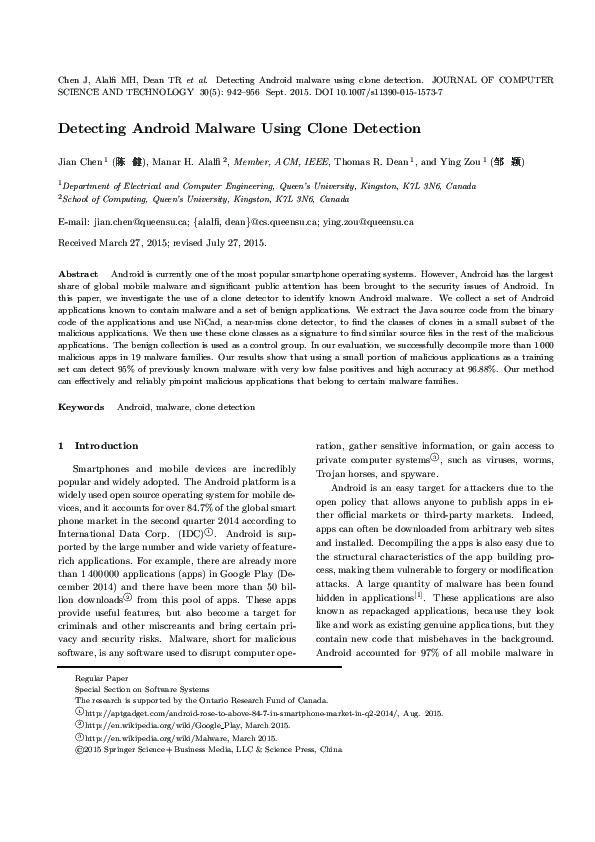 (PDF) Detecting Android Malware Using Clone Detection