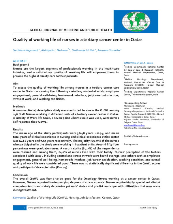 (PDF) Quality of working life of nurses in a tertiary cancer center in ...