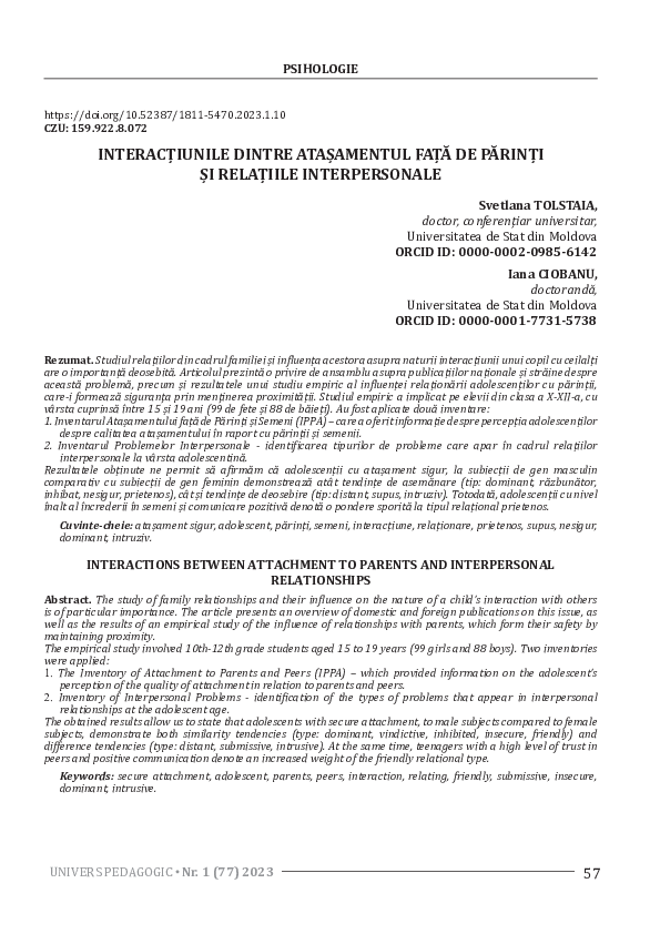 (PDF) Interactions between attachment to parents and interpersonal ...