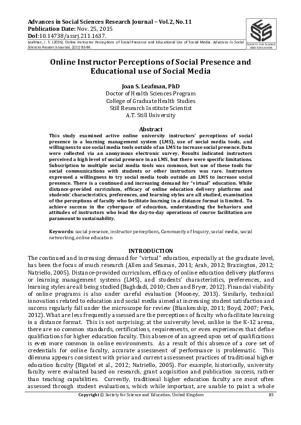 (PDF) Online Instructor Perceptions of Social Presence and Educational ...
