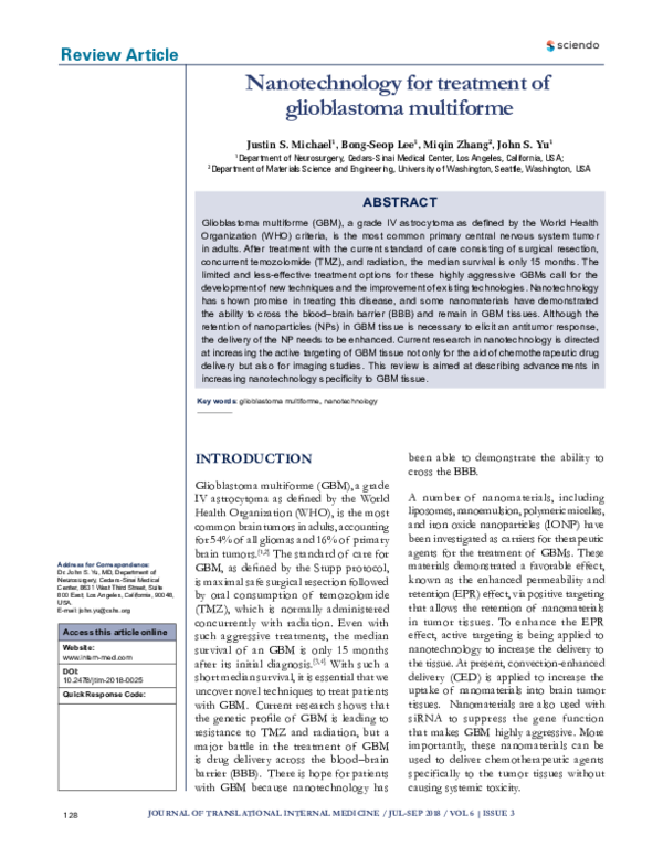 (PDF) Nanotechnology for treatment of glioblastoma multiforme