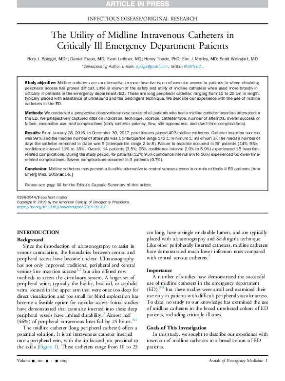 (PDF) The Utility of Midline Intravenous Catheters in Critically Ill ...