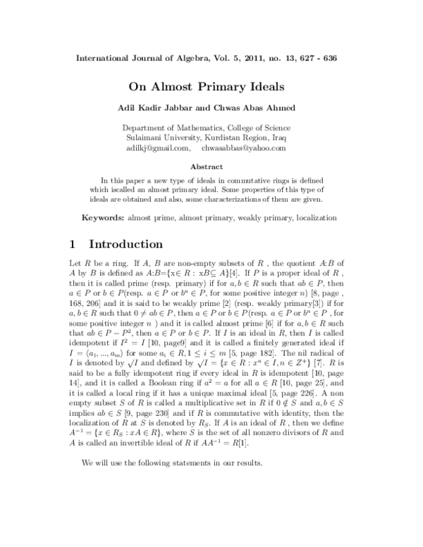 (PDF) On Almost Primary Ideals