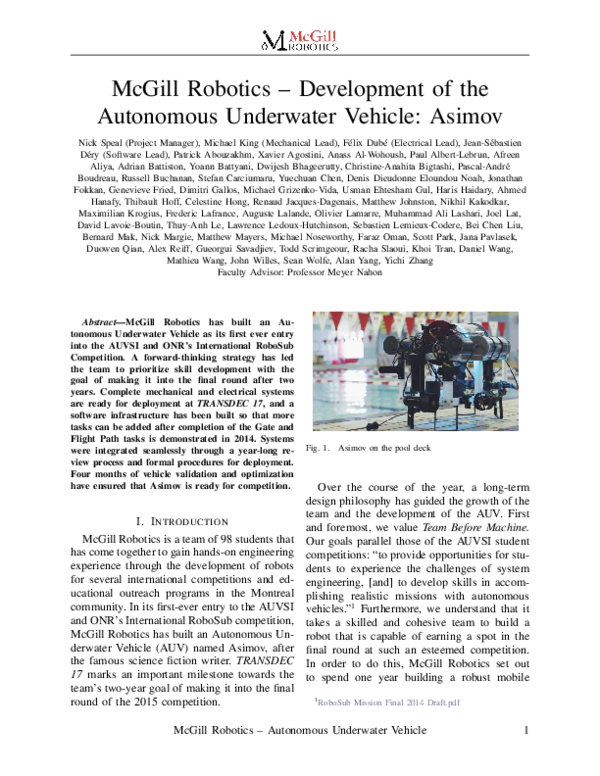(PDF) McGill Robotics – Development of the Autonomous Underwater ...