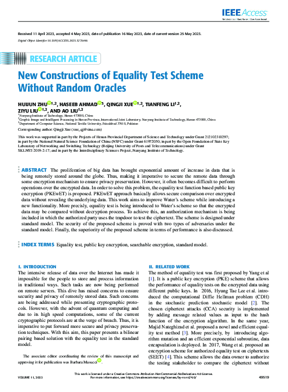 (PDF) New Constructions of Equality Test Scheme Without Random Oracles