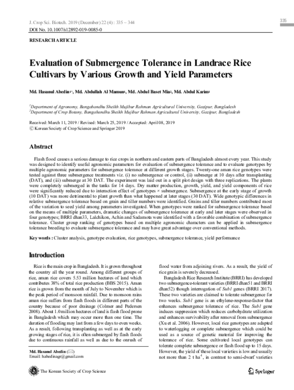 (PDF) Evaluation of Submergence Tolerance in Landrace Rice Cultivars by ...