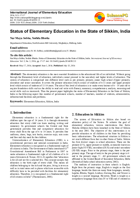 (PDF) Status of Elementary Education in the State of Sikkim, India