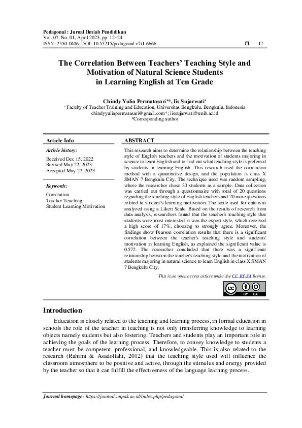 (PDF) The Correlation Between Teachers’ Teaching Style and Motivation ...