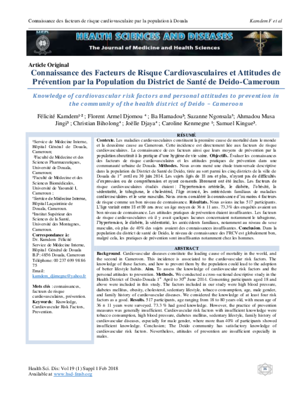 (PDF) Connaissance des Facteurs de Risque Cardiovasculaires et ...