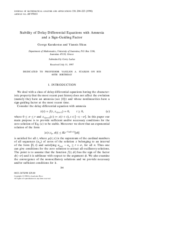 (PDF) Stability of Delay Differential Equations with Amnesia and a Sign ...