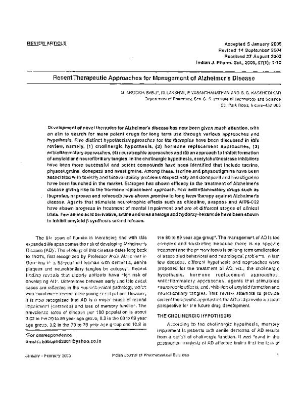 (PDF) Recent Therapeutic Approaches For Management Of Alzheimer's Disease