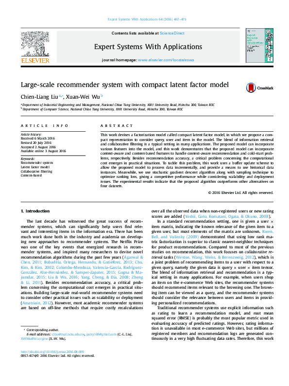 (PDF) Large-scale recommender system with compact latent factor model