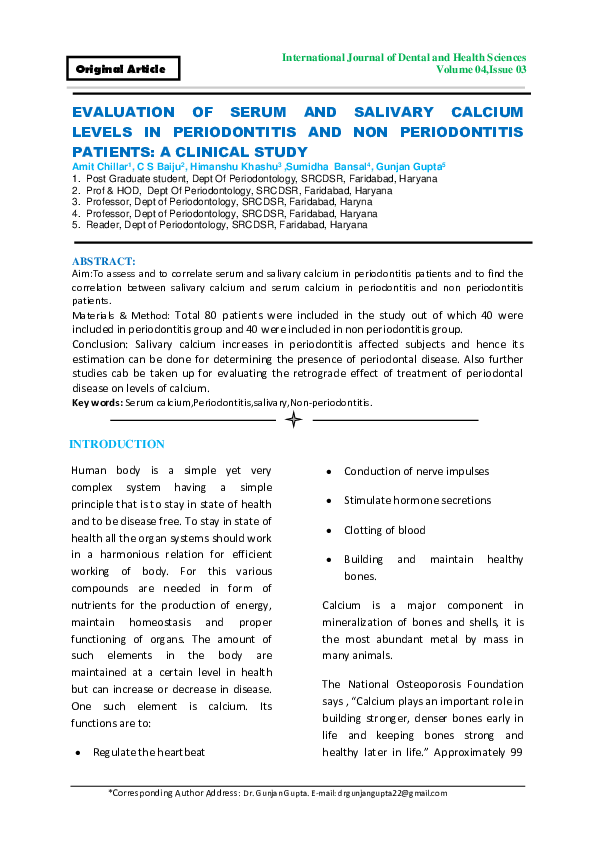 (PDF) Evaluation of Serum and Salivary Calcium Levels in Periodontitis ...
