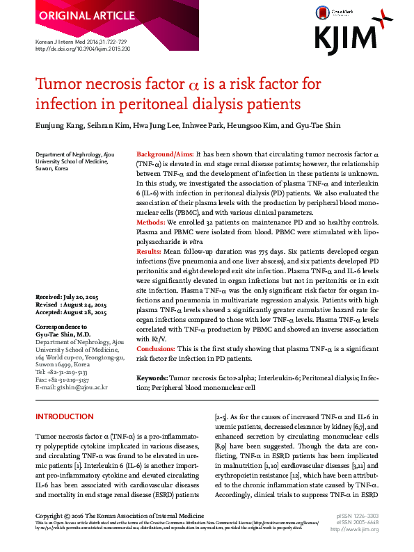 (PDF) Tumor necrosis factor α is a risk factor for infection in ...