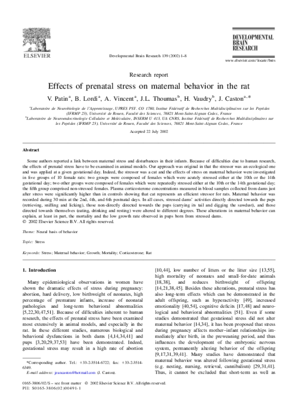 (PDF) Effects of prenatal stress on maternal behavior in the rat
