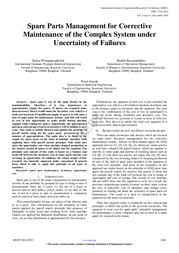 (PDF) Spare Parts Management for Corrective Maintenance of the Complex ...
