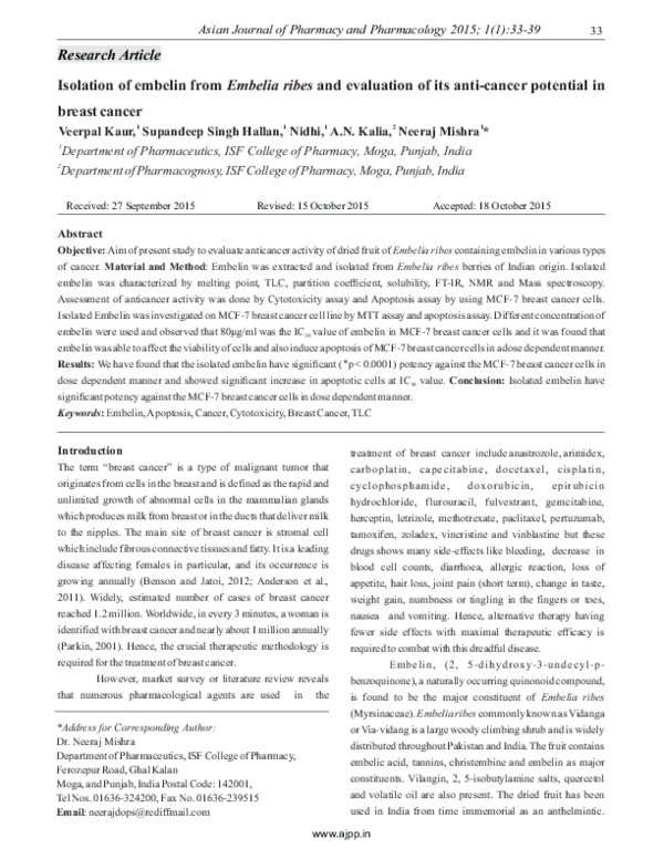 (PDF) Isolation of embelin from and evaluation of its anti-cancer ...