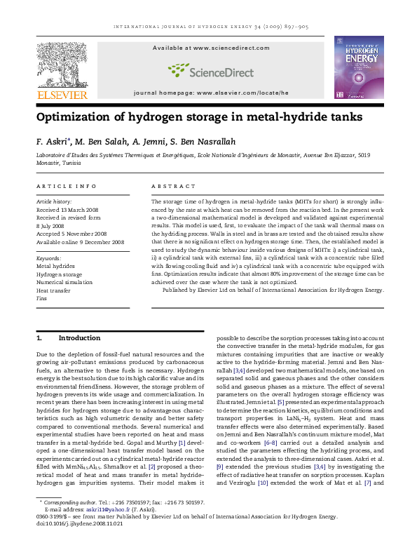 (PDF) Optimization of hydrogen storage in metal-hydride tanks