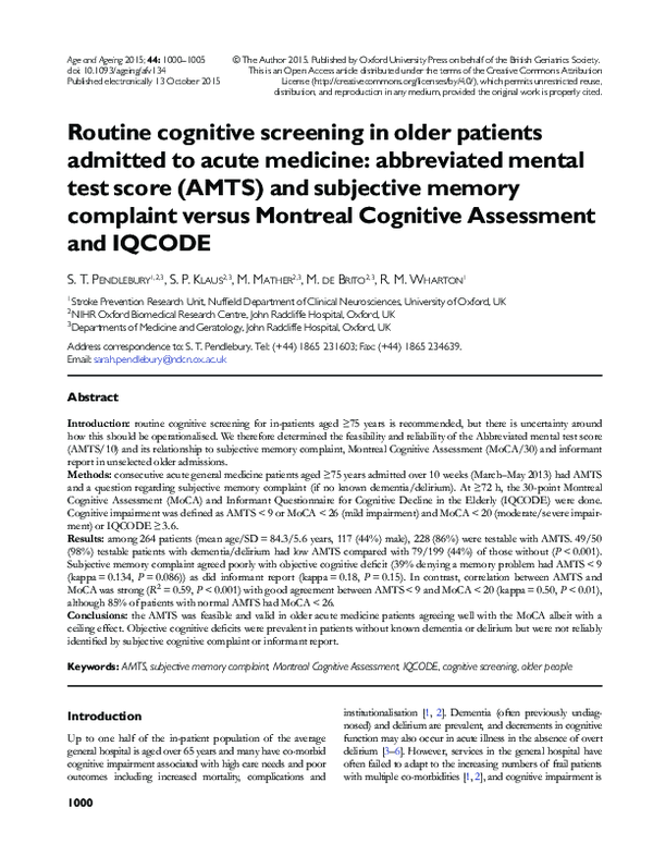 (PDF) Routine cognitive screening in older patients admitted to acute ...