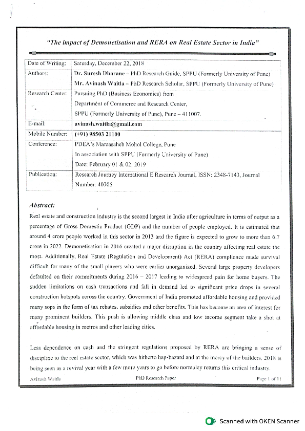 (PDF) Impact of Demonetisation and RERA on Real Estate Sector in India