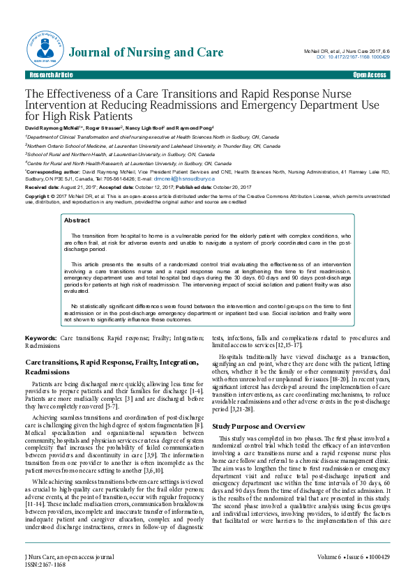 (PDF) The Effectiveness of a Care Transitions and Rapid Response Nurse ...