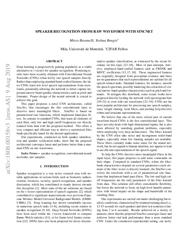 (PDF) Speaker Recognition from Raw Waveform with SincNet