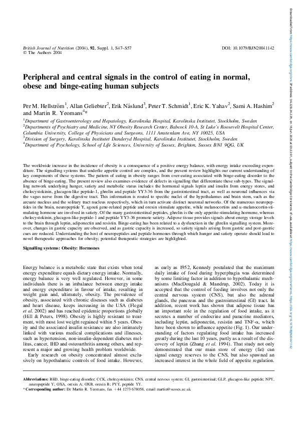 (PDF) Peripheral and central signals in the control of eating in normal ...