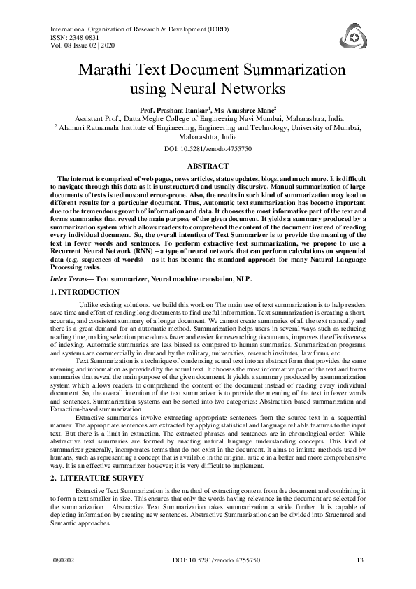(PDF) Marathi Text Document Summarization using Neural Networks