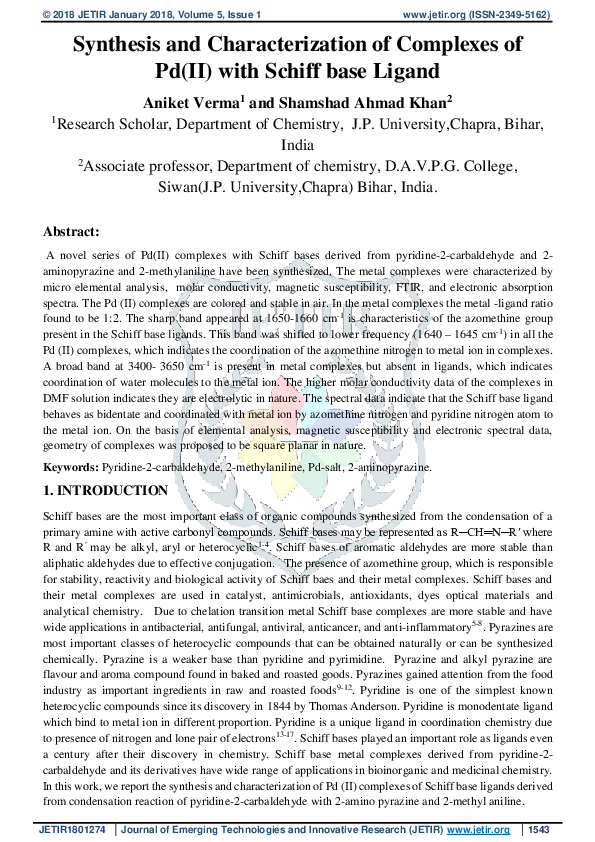(PDF) Synthesis and Characterization of Complexes of Pd(II) with Schiff ...