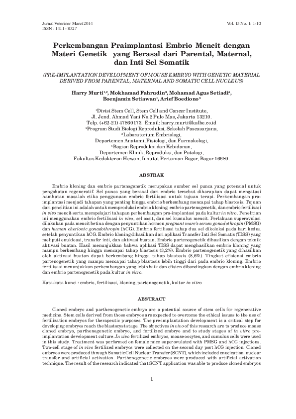 (PDF) Perkembangan Praimplantasi Embrio Mencit dengan Materi Genetik ...