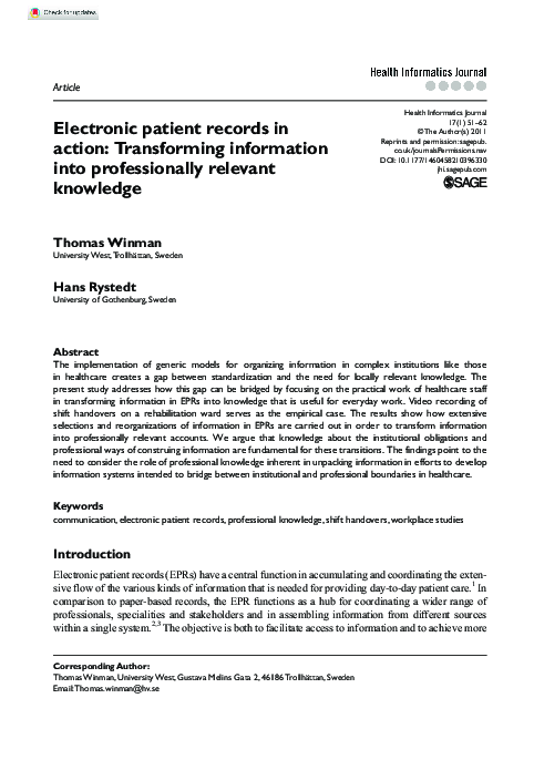 (PDF) Electronic patient records in action