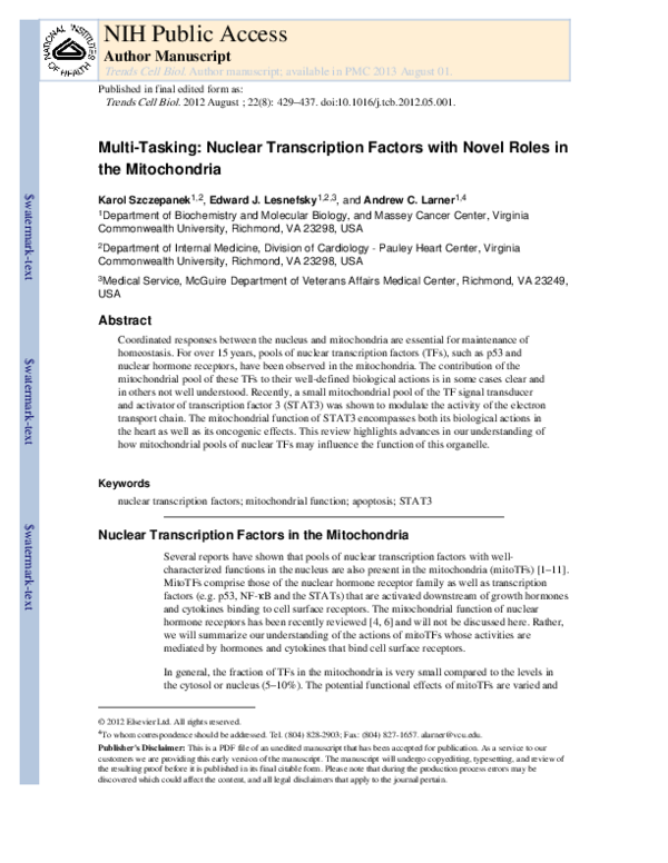 (PDF) Multi-tasking: nuclear transcription factors with novel roles in ...