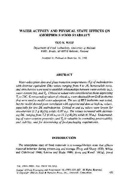 (PDF) WATER ACTIVITY and PHYSICAL STATE EFFECTS ON AMORPHOUS FOOD STABILITY