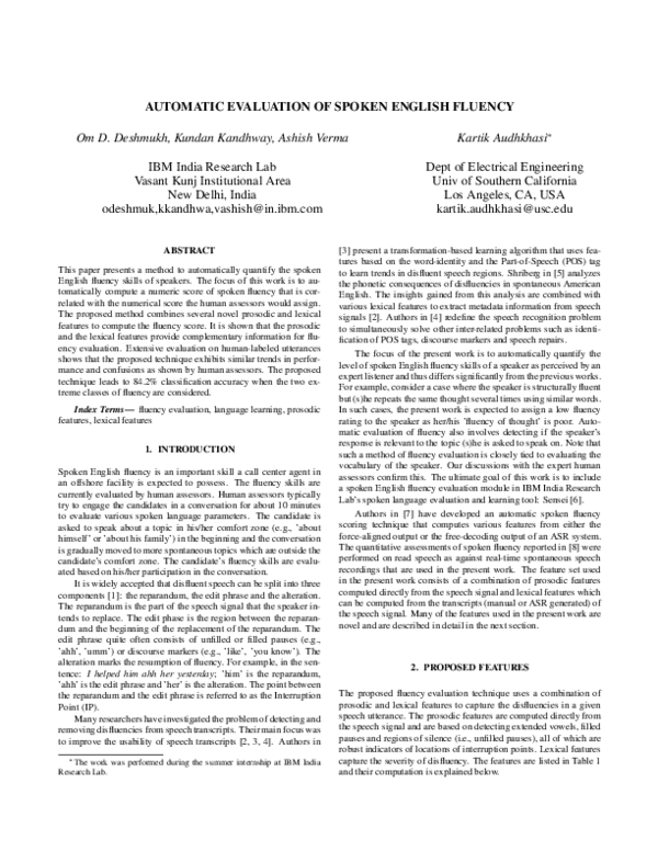 (PDF) Automatic evaluation of spoken english fluency
