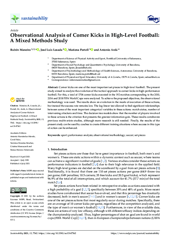 (PDF) Observational Analysis of Corner Kicks in High-Level Football: A ...